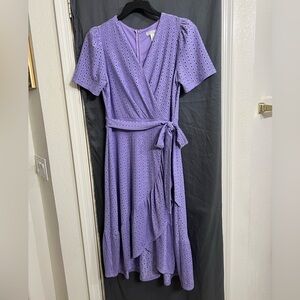 NWT London Style Lavender Eyelet ruffle wrap Midi short sleeve stretch Dress 8
